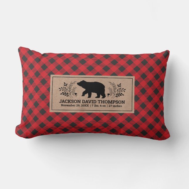 Lumberjack Buffalo Plaid Bear Birth Stats Lumbar Cushion (Front)