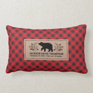 Lumberjack Buffalo Plaid Bear Birth Stats Lumbar Cushion