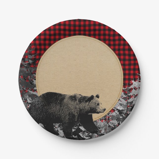 Lumberjack Buffalo Plaid Bear Rustic Cabin Paper Plate (Front)