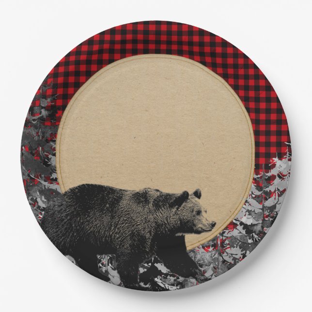 Lumberjack Buffalo Plaid Bear Rustic Cabin Paper Plate (Front)