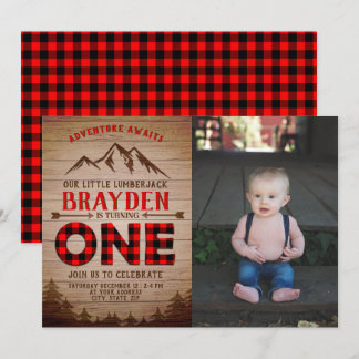 Lumberjack Buffalo Plaid Boys First Birthday Photo Invitation