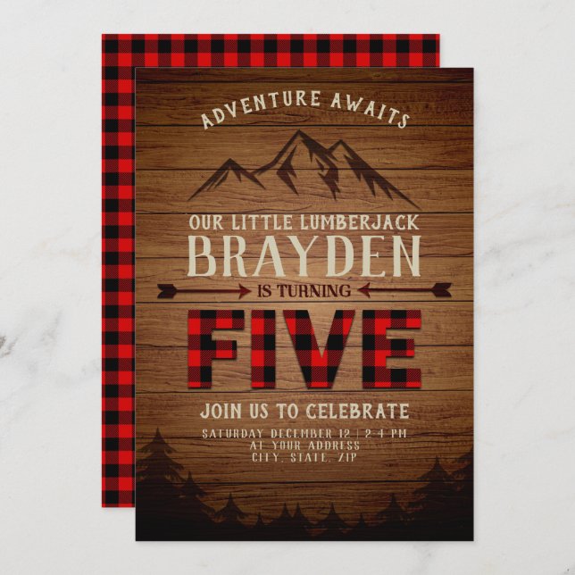 Lumberjack Buffalo Plaid Fifth Birthday Invitation (Front/Back)