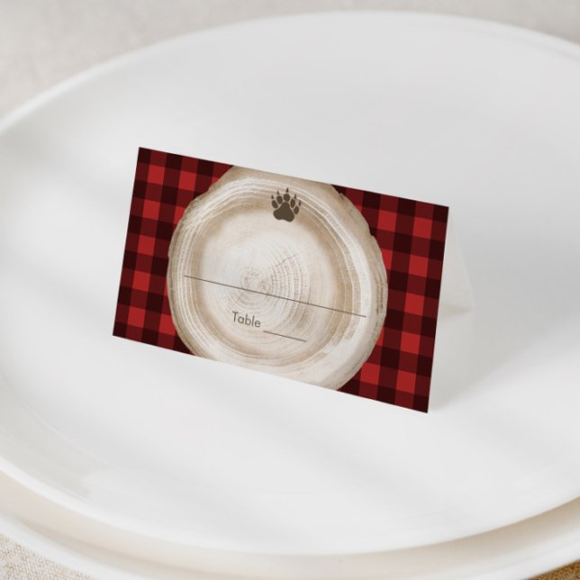 Lumberjack Buffalo Plaid Food or Place Card (Lumberjack bear paw print red black buffalo check place cards, buffet cards or food tents)