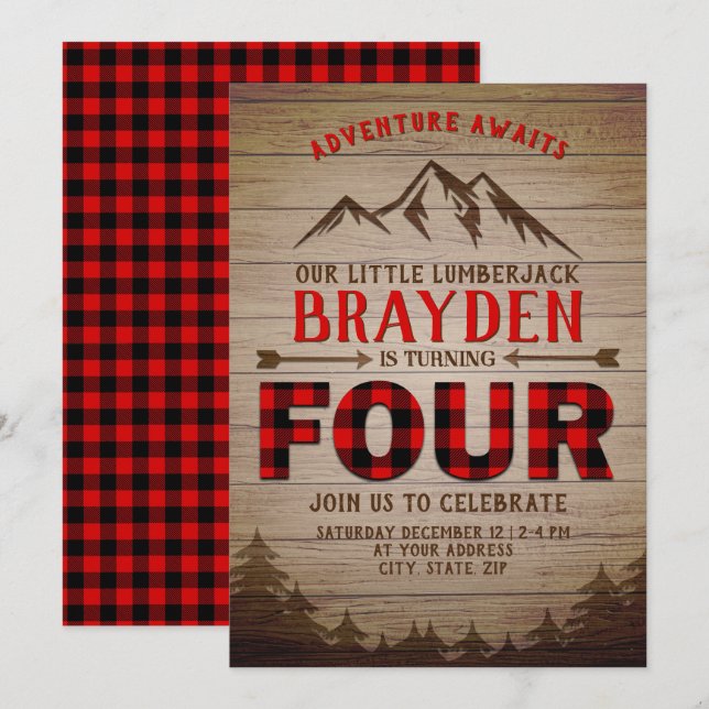 Lumberjack Buffalo Plaid Outdoor Fourth Birthday Invitation (Front/Back)