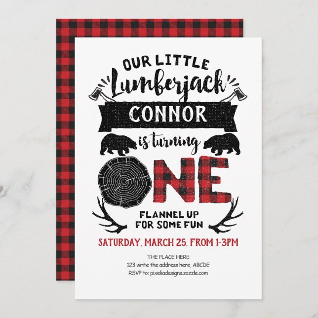 Lumberjack, Buffalo Plaid, Woodland, 1st Birthday Invitation (Front/Back)