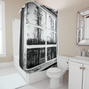 Lumberjack Cabin Window // B W Grainy Shower Curtain