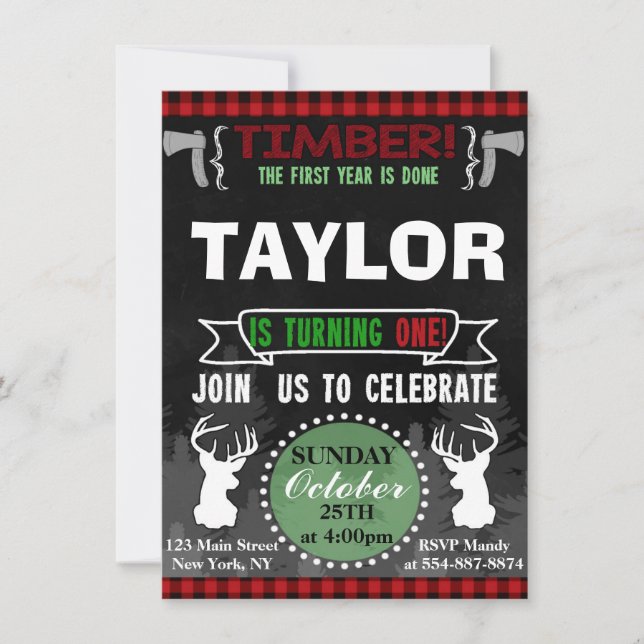 Lumberjack Camping first birthday party invitation (Front)