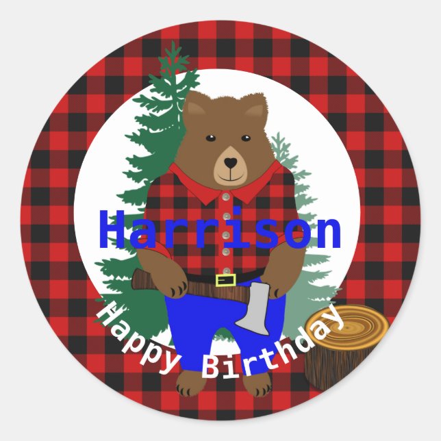 Lumberjack Cute Bear Plaid Happy Birthday Classic Round Sticker (Front)