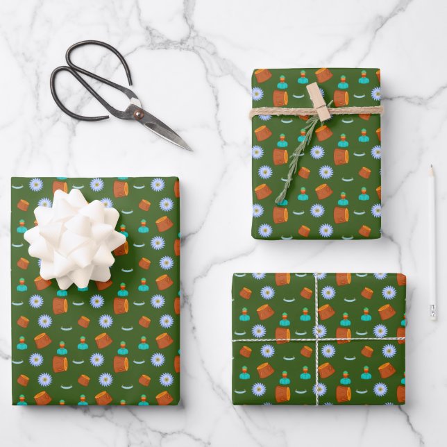 Lumberjack Equipment Pattern Tree Stump Green Wrapping Paper Sheet (Front)