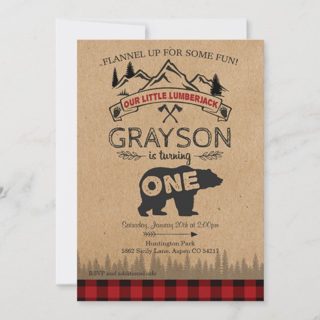 Lumberjack First Birthday Invitation - Bear (Front)