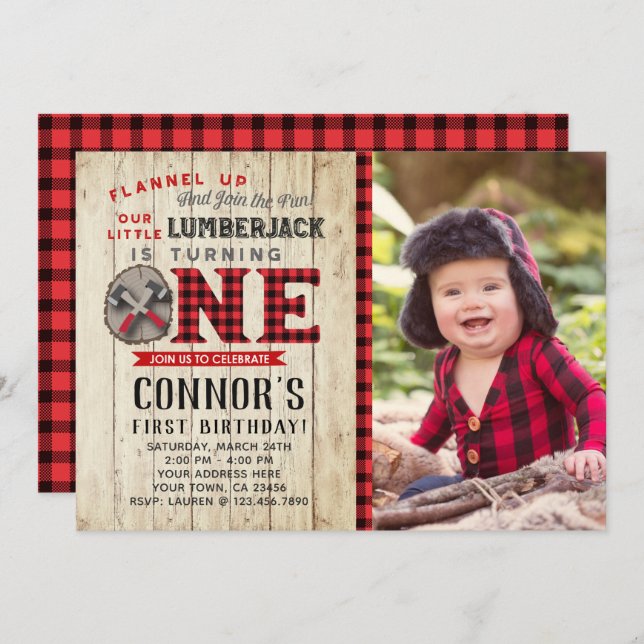 Lumberjack First Birthday Invitation with Photo (Front/Back)