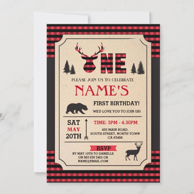 LUMBERJACK FIRST BIRTHDAY INVITE WOODLAND CHECK (Front)