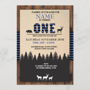 Lumberjack First Birthday ONE Blue Check Invite
