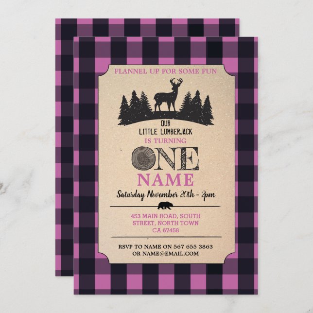Lumberjack First Birthday ONE Pink Flannel Invite (Front/Back)