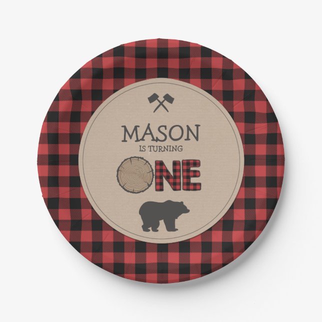Lumberjack First Birthday Paper Plates Red Plaid (Front)