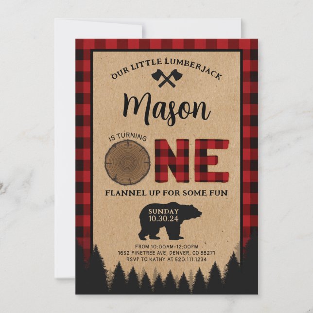 Lumberjack First Birthday Party Bear Invitation (Front)