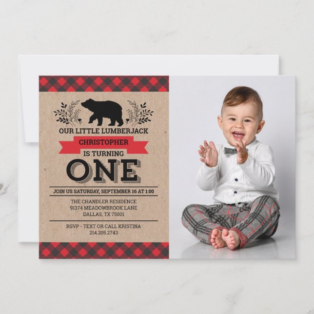 Lumberjack First Birthday Party Rustic Boy Photo Invitation (Front)