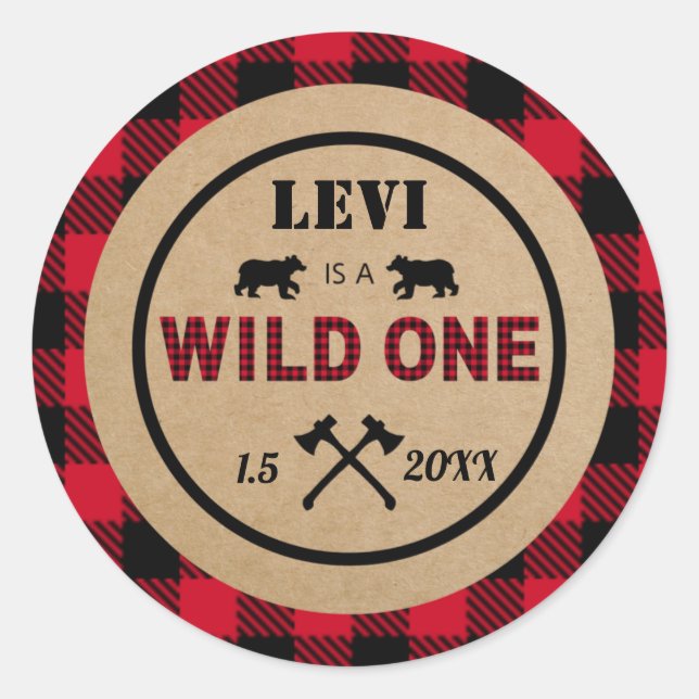Lumberjack First Birthday, Wild One Favour Classic Round Sticker (Front)