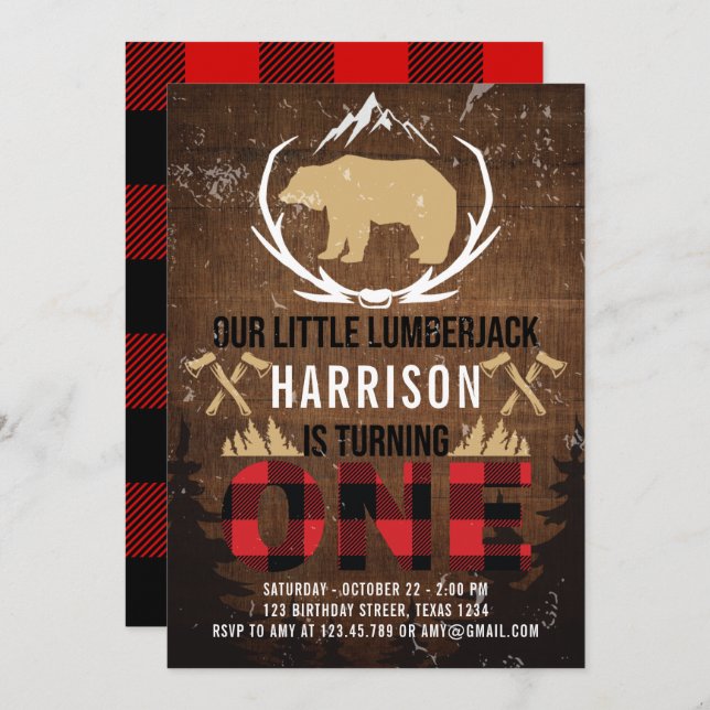 Lumberjack First Birthday Wood Plaid Invitation (Front/Back)