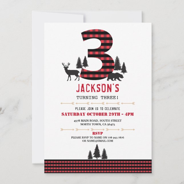 Lumberjack Flannel 3rd 3 Birthday Party Invitation (Front)