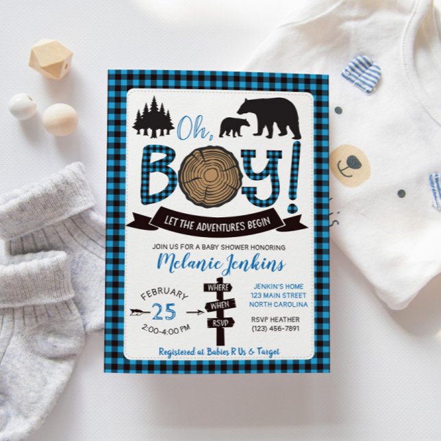 Lumberjack Flannel Boy Baby Shower Invitation Bear (Creator Uploaded)