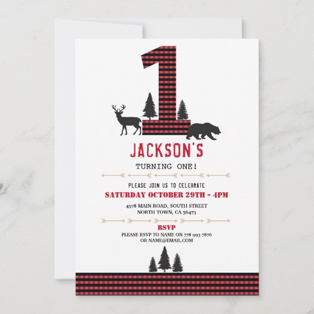 Lumberjack Flannel First One Birthday Party Invite (Front)