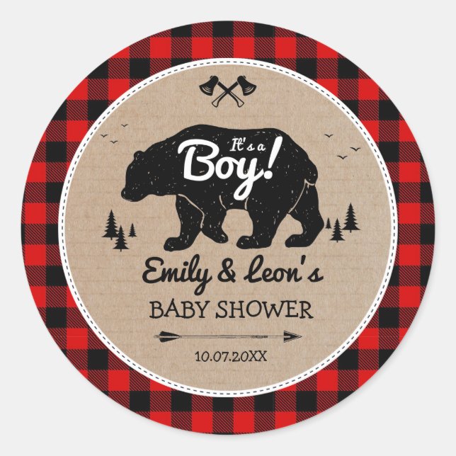 Lumberjack Forest Bear Adventure Boy Baby Shower Classic Round Sticker (Front)