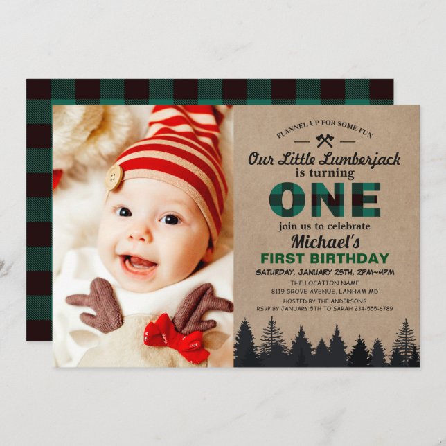 Lumberjack Green Plaid First Birthday Baby Photo Invitation (Front/Back)