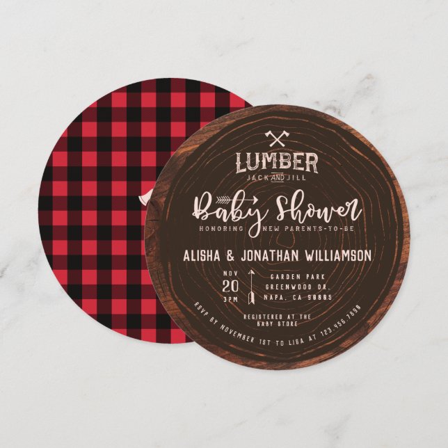 Lumberjack & Jill Baby Girl Shower Wood Red Plaid Invitation (Front/Back)