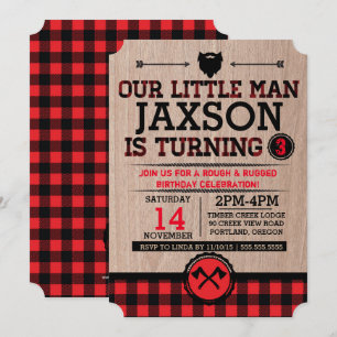 Lumberjack kids birthday, plaid rustic little man invitation