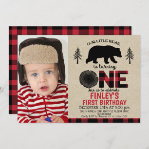 Lumberjack little Bear Photo 1st Birthday Invite