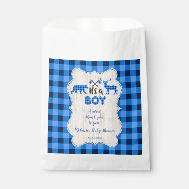 Lumberjack Little Hunter Blue Plaid Baby Shower Favour Bag (Front)