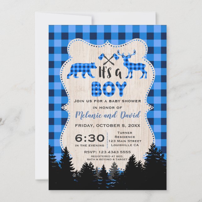 Lumberjack Little Hunter Blue Plaid Baby Shower Invitation (Front)