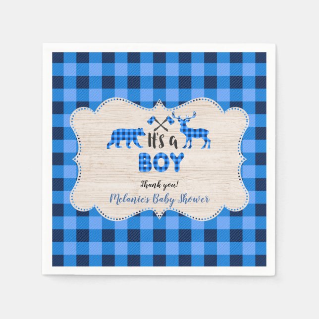 Lumberjack Little Hunter Blue Plaid Baby Shower Napkin (Front)