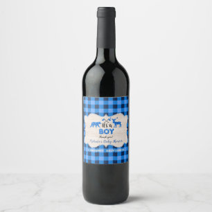 Lumberjack Little Hunter Blue Plaid Baby Shower Wine Label