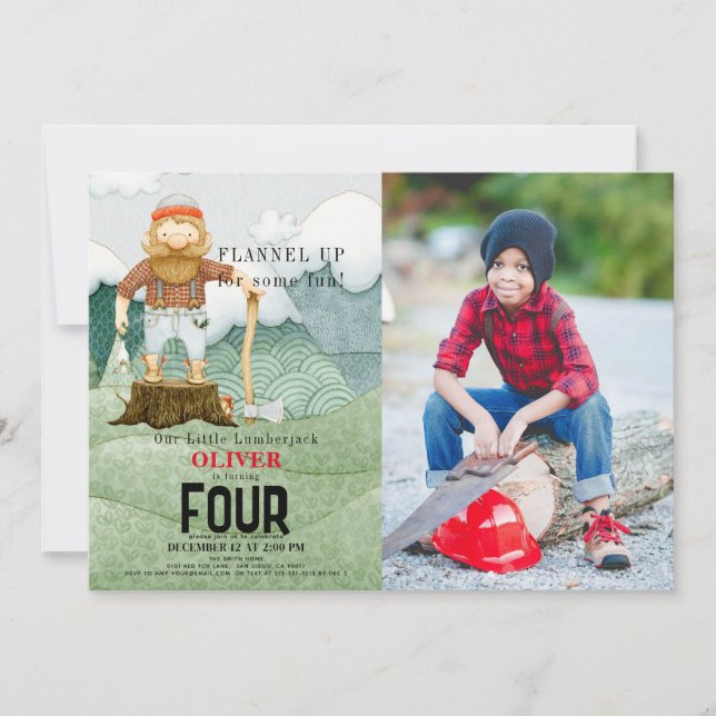 Lumberjack Mountains Kids Birthday Photo Invitation (Front)