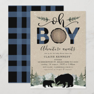 Lumberjack Navy Flannel Kraft Oh Boy Baby Shower Invitation