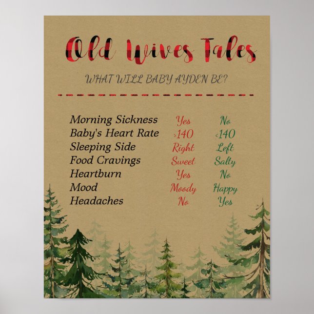 Lumberjack Old Wives Tales Gender Reveal Board Poster (Front)