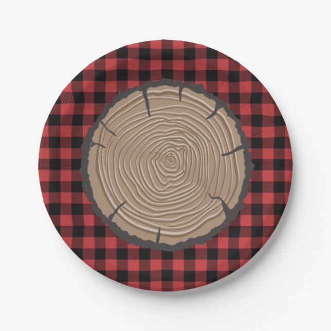 Lumberjack Paper Plates Red black Plaid Woodland (Front)