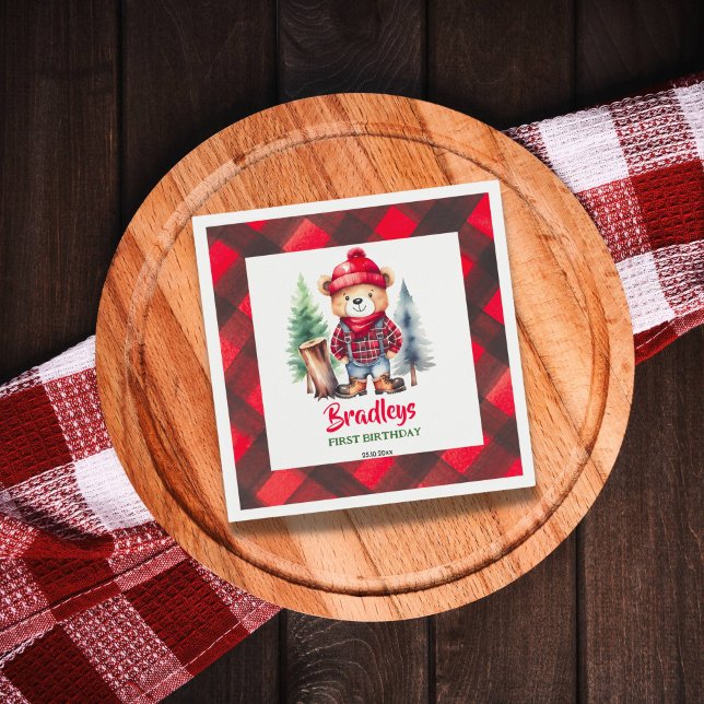 Lumberjack party tableware cute teddy bear napkin (Lumberjack birthday tableware personalized napkins cute teddy bear in lumberjack clothes fir trees)