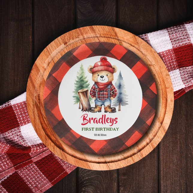 Lumberjack party tableware cute teddy bear paper plate (Lumberjack party plates cute little lumberjack teddy bear in clothes and boots log fir trees)
