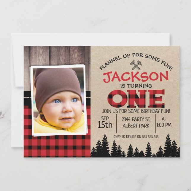 Lumberjack Photo 1st Birthday Invitation (Front)
