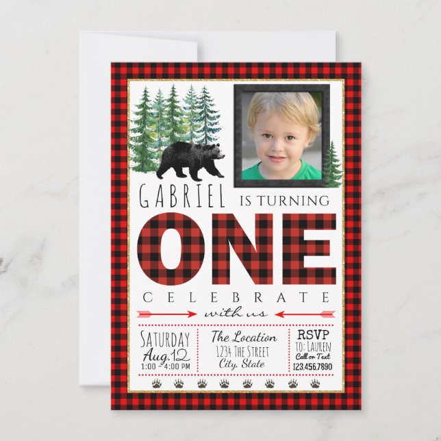 Lumberjack Photo First Birthday Party Invitation (Front)