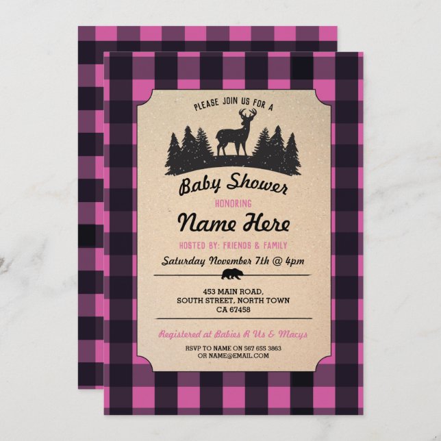 Lumberjack Pink Baby Shower Woodland Invite (Front/Back)