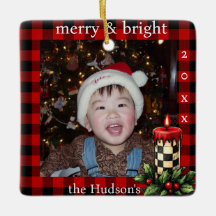 Lumberjack Plaid and Holiday Candle Photo Ornament