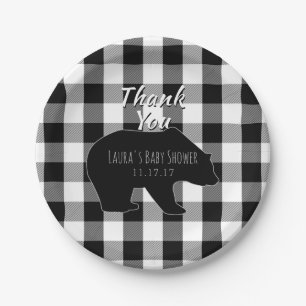 Lumberjack Plaid B&W   Woodland Boy Baby Shower Paper Plate