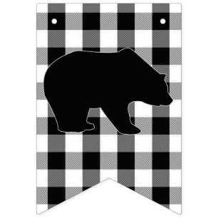 Lumberjack Plaid Bear Black White Birthday Party Bunting