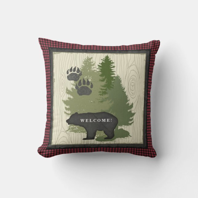 Lumberjack Plaid Bear Paw Welcome Sign Cabin Cushion (Front)