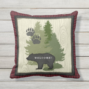 Lumberjack Plaid Bear Paw Welcome Sign Cabin Cushion