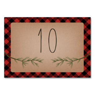 Lumberjack Plaid Evergreen Branches Wedding Table Number